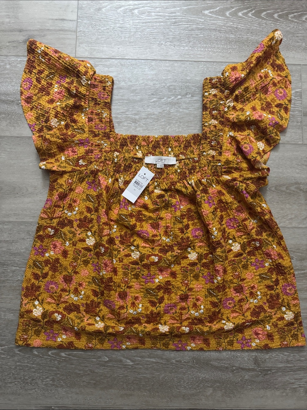 LOFT Mustard Floral Square-Neck Flutter Sleeve Top